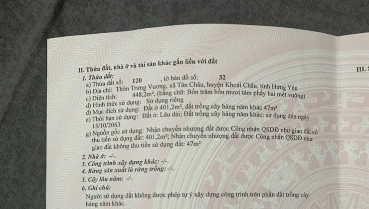 Bán đât Tân châu khoái châu 448m gần đường di sản ,giáp quy hoạch sân Gold giá chỉ vài tr/m